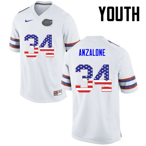 Florida Gators Youth #34 Alex Anzalone College Football USA Flag Fashion White
